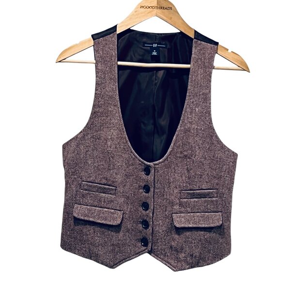 GAP Wool Herringbone Button Vest, Burgundy Gray, M - Picture 1 of 8